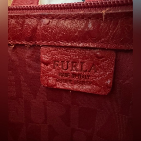 Furla Red Ostrich Embossed Leather Divide It Tote Bag Elegant - Picture 5 of 8